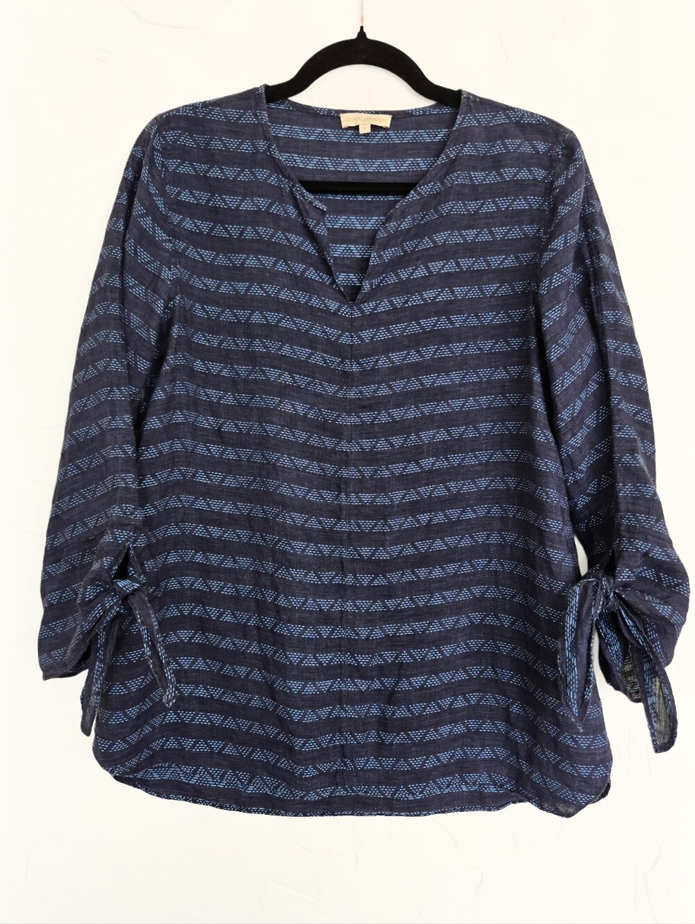 Ann Mashburn Linen Cotton Blue Geometric Tie Sleeve Top, S